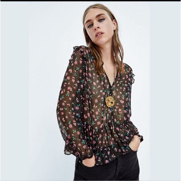 Zara Floral Print Peplum Blouse Top Black Metallic Gold Pink V-Neck MEDIUM - Picture 4 of 6